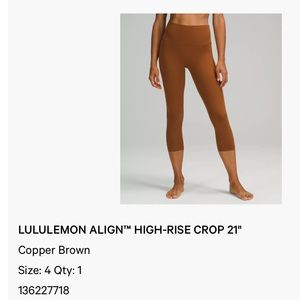 Lululemon Align High Rise Crop 21” Size 4 Copper Brown NWT
